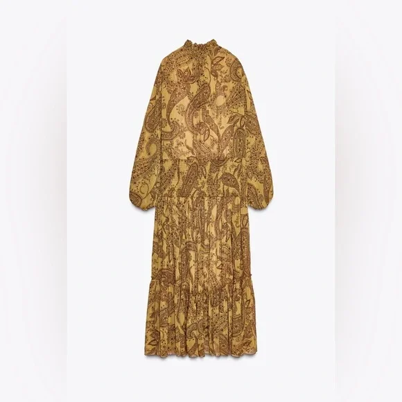 Zara Long Sleeve Paisley Dress - Mustard khaki Olive green Brown -  www.disolcolor.com